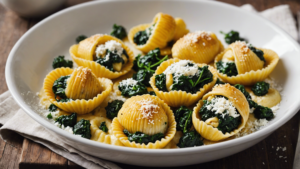 découvrez la délicieuse recette de conchiglioni farcis à la ricotta et aux épinards, un plat de pâtes savoureux et crémeux à souhait.