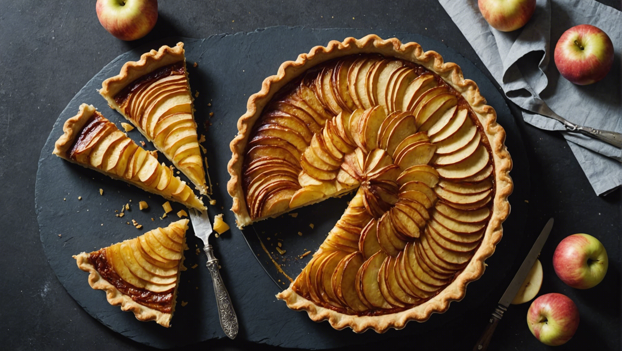découvrez la délicieuse recette illustrée de la tarte fine aux pommes à la manière de cyril lignac. suivez le guide pas à pas pour réaliser cette savoureuse tarte aux pommes.